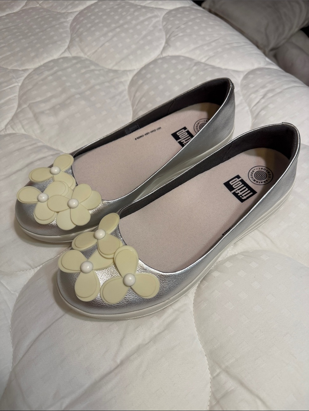 Fitflop Silver Flats with Cream Floral Accents